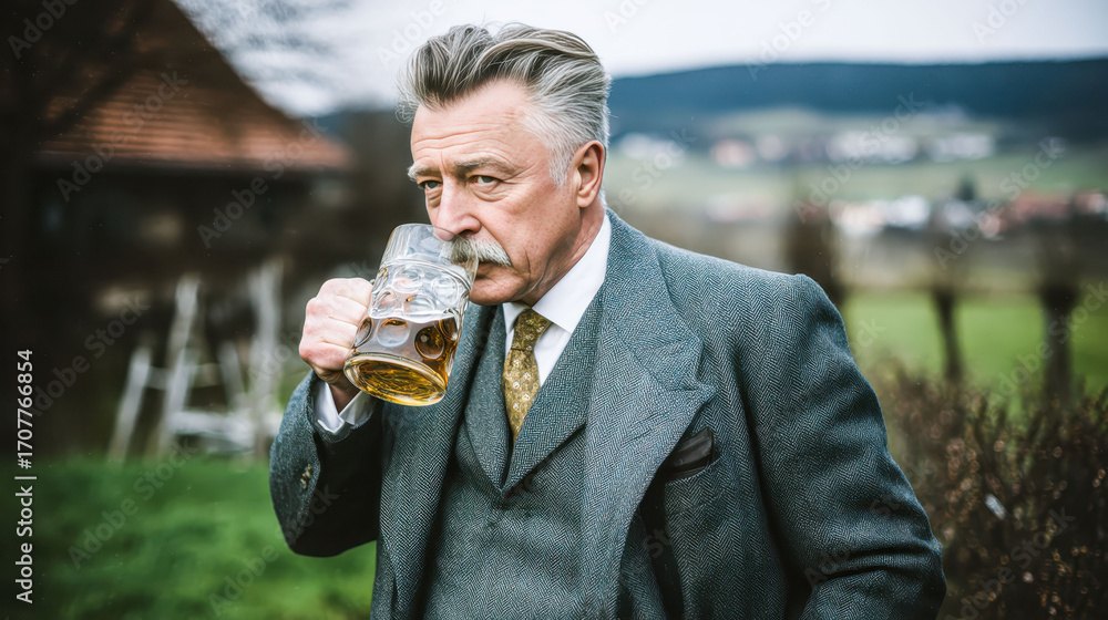 Poster a man in a suit and tie is drinking a beer. concept of relaxation and enjoyment, as the man is takin