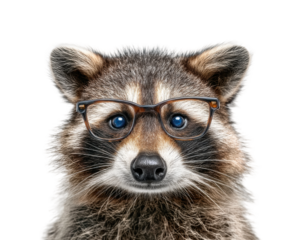 Raccoon in glasses animal portrait fun PNG, cut out, isolated on transparent background