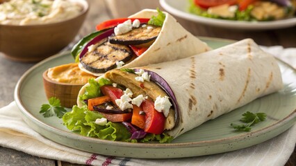Delightful burrito filled with grilled veggies and feta cheese inspired by Mediterranean flavors enjoyed in a cozy setting