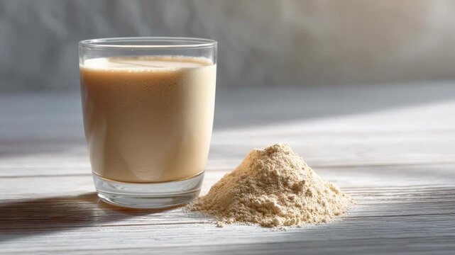 Protein shake ingredients arranged artfully on white wooden surface, natural light highlighting powder and glass, showcasing fitness nutrition essentials for muscle growth and recovery