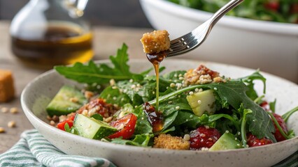 Savory forkful of fresh salad drizzled with dressing sitting gracefully in a rustic setting