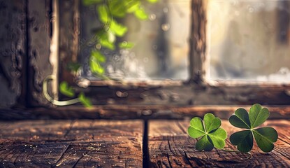 Rustic wooden windowsill with two shamrocks, sunlight streaming through aged window panes, vines climbing exterior