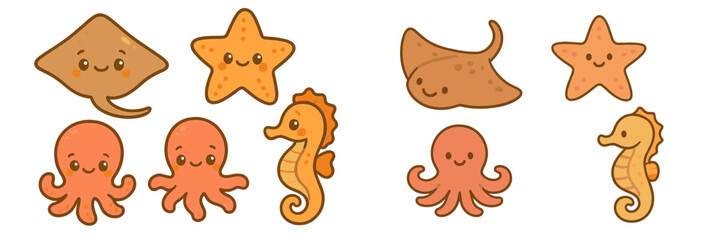 Adorable cartoon sea creatures collection featuring starfish, octopus, seahorse, and stingray characters for children