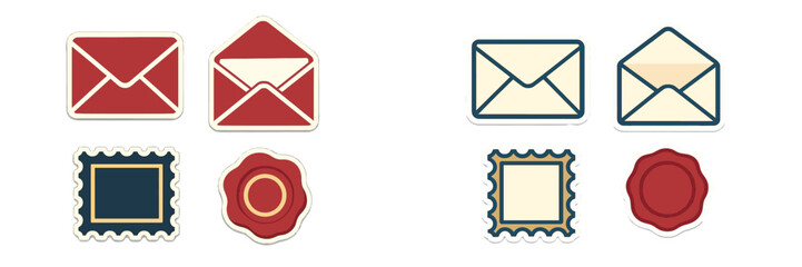 Collection of mail icons with closed and open envelopes, postage stamps, and wax seals in two color variations