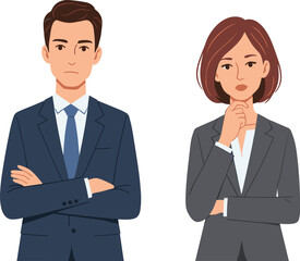 Two business professionals in formal suits with confident and thoughtful poses, perfect for leadership, decision-making, and corporate strategy visuals