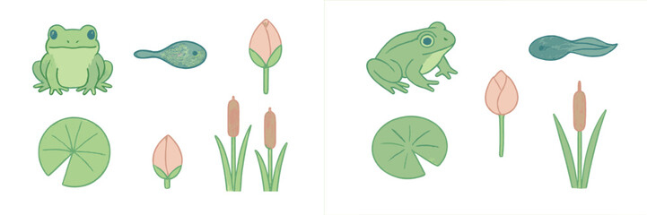 Charming collection of pond wildlife and aquatic plants featuring frogs, tadpoles, lily pads, lotus buds, and cattails
