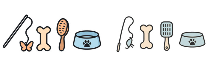Essential pet care accessories and playful toys including wands, bones, brushes, and food bowls for cats and dogs