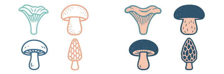 Stylized wild and cultivated mushrooms in a modern graphic style, featuring various fungi types for nature and food concepts