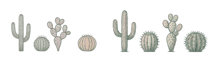 Stylized collection of desert plants featuring various cactus species like saguaro, prickly pear, and barrel cacti