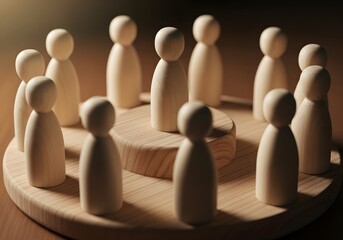 Wooden figures arranged in a circle, symbolizing unity and teamwork concept.