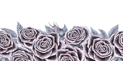 Seamless horizontal border of roses and leaves in shades of gray. Watercolor illustration for printing and packaging.