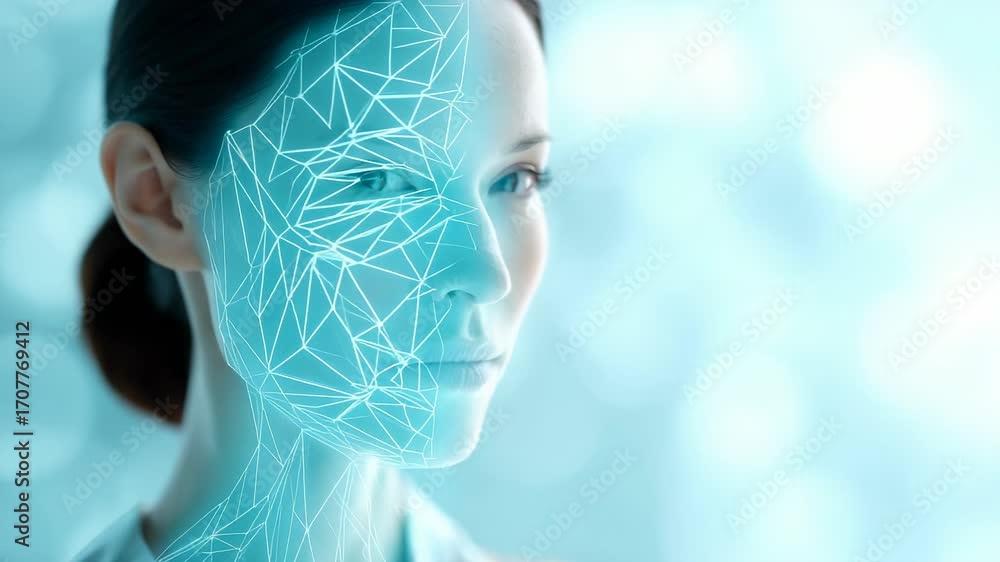 Aufkleber artificial intelligence maps the face of a scientist, creating a digital mesh, analyzing and recogni