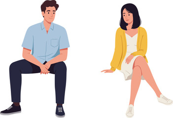 Two casually dressed characters seated in relaxed postures, ideal for lifestyle, fashion, social interaction, and everyday illustration content