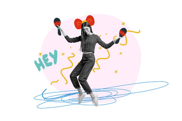 Composite trend artwork sketch image collage of party celebrate dance relax event young lady moving hold culture maracas hey wear bow head