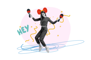 Composite trend artwork sketch image collage of party celebrate dance relax event young lady moving hold culture maracas hey wear bow head