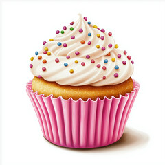 Decorative cupcake with vanilla frosting and colorful sprinkles on a white background