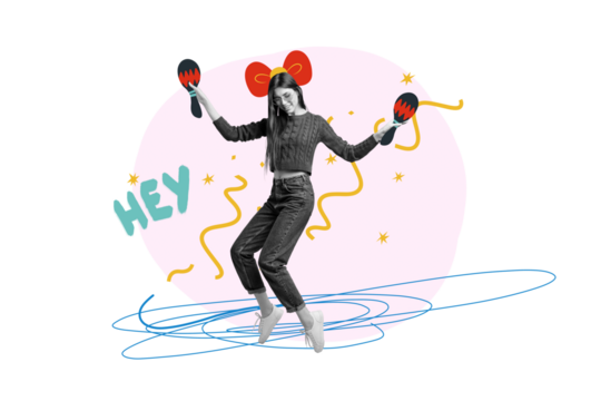 Composite trend artwork sketch image collage of party celebrate dance relax event young lady moving hold culture maracas hey wear bow head