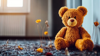 Teddy bear seated on a carpet surrounded by dried flowers in sunlight