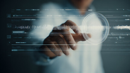 Person interacting with a futuristic digital interface displaying data waveforms and holographic elements