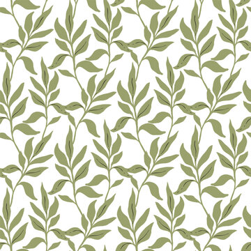 Green palm leaves seamless pattern, simple hand drawn vector greenery background for textile, or wallpaper, scrapbook and surface design.