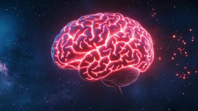 A brain with red blood vessels against a galaxy backdrop.