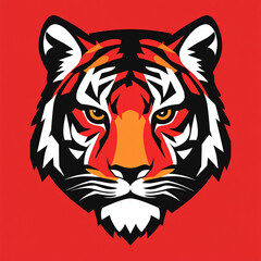 Bold graphic illustration of a tiger head with vivid red background