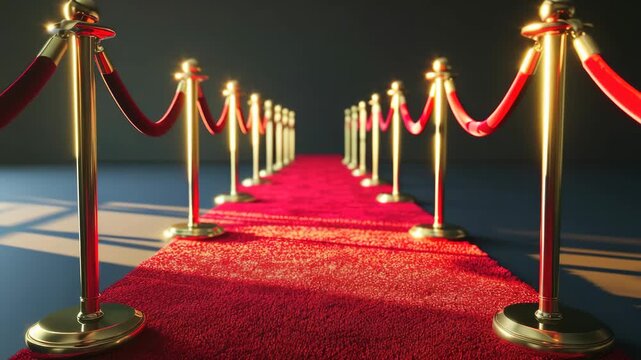 Spectacle event, celebrity arrivals, movie premiere red carpet with velvet rope barriers, step and repeat banner, paparazzi press shoot backdrop. Glamour nightlife scene.