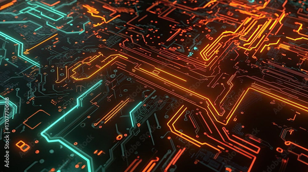 Aufkleber digital cyberpunk circuit board pattern glowing with neon edges