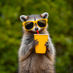 mountain civet wearing glasses and drinking juice in a yellow glass