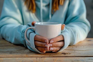 Close-up of hands in a light blue hoodie gently holding a large white mug on a rustic wooden table