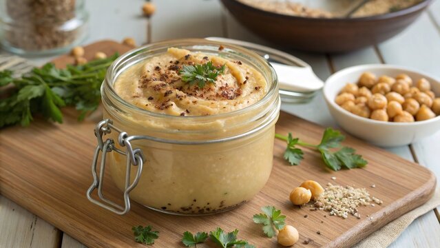 Chickpea puree blended with cumin and herbs ready for a fresh and flavorful experience in a rustic kitchen setting
