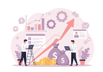 Modern Business Team Planning Financial Growth Strategy – Flat Style Vector Illustration with Charts, Graphs, Money Bag, Coins, Laptop, Arrow, Office Elements – Editable Design for Presentation.