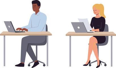 Two professionals seated at desks working on laptops, ideal for office tasks, remote work, and digital collaboration visuals