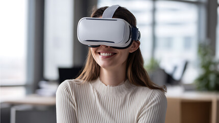 Woman wearing virtual reality headset indoors, smiling