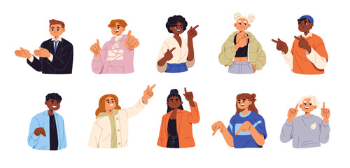 Cute kids are pointing fingers set. Funny children are gesturing hands to guide direction of way. Diverse happy girls and boys showing paths. Flat isolated vector illustrations on white background