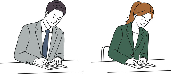 Two professionals seated at desks writing on paper, ideal for exams, interviews, office documentation, and workplace assessment visuals