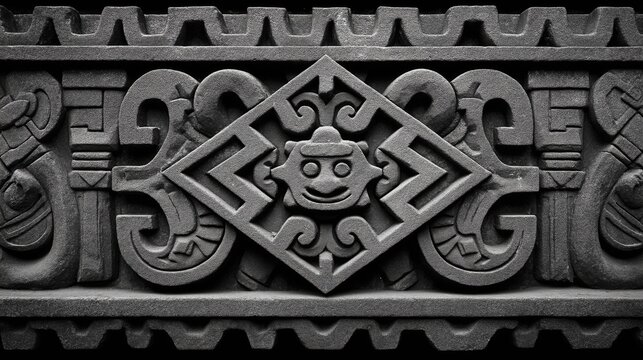 Aztec tribal stone carving patterns, symmetrical ancient details