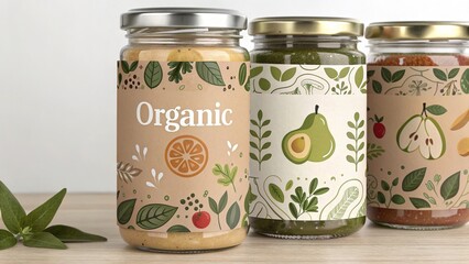 Creative organic label concepts for glass jars ideal for branding and product display in an inviting kitchen setting