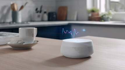 Smart kitchen device with holographic display showing a waveform on a wooden countertop.
