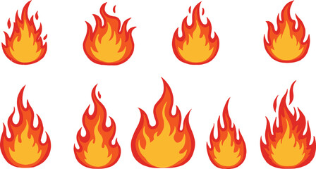 Multiple vibrant orange and yellow flame illustrations on transparent background