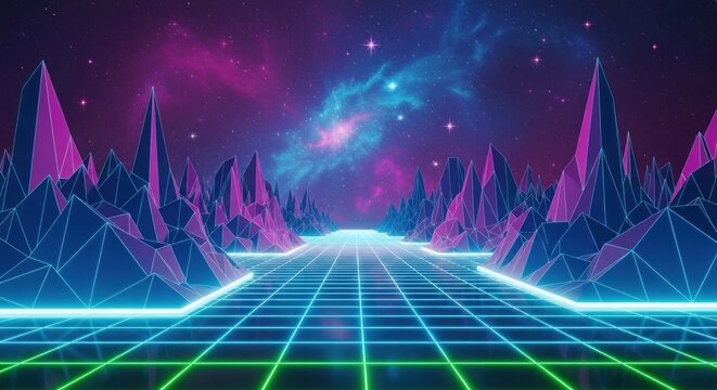 80s-style digital landscape with neon grid road