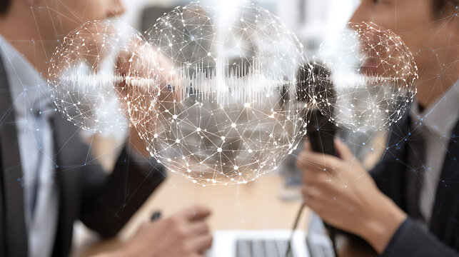 Business professionals collaborating with digital network visualization and audio waveform overlay - Powered by Adobe