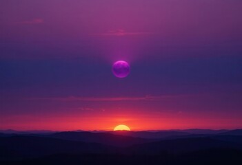 Indigo Dawn Eclipse  Witness a purple moon solar eclipse at dawn, the horizon ablaze with shades of indigo, violet and deep oranges.
