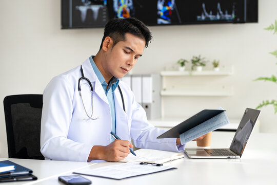 professional doctor wearing uniform taking notes in journal, physician therapist practitioner filling medical documents, clipboard, patient form, illness history, prescription.