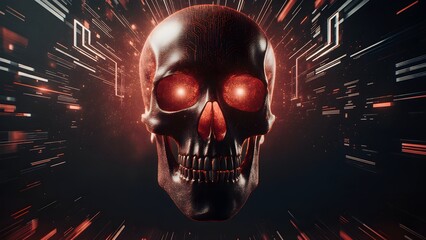 Digital skull with glowing eyes against a background of abstract technological patterns