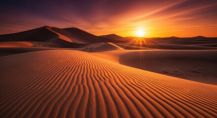 Desert dunes with sunset, waves of sand lit by golden light, creating a warm, tranquil scene