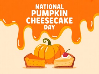 National pumpkin cheesecake day illustration with pumpkin and cheesecake slices