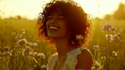 Young woman with curly hair laughs joyfully in a sunlit flower field during golden hour