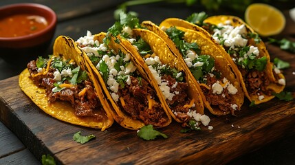 Homemade steak birria meat tacos with cheese and sauce