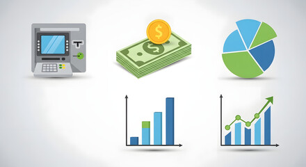 Fototapeta premium Financial data and banking icon pack with cash, ATM machine, pie chart, bar graphs, and statistical growth illustrations